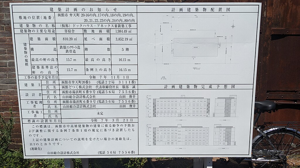 函館どつくレンガ倉庫跡地の建築計画を示す掲示板